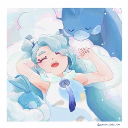 Size: 2048x2048 | Tagged: safe, artist:tororo_oishi_ym, miku hatsune (vocaloid), altaria, bird, fictional species, human, mammal, swablu, nintendo, pokémon, vocaloid, 2024, antennae hair, beak, blue hair, blushing, crossover, detached sleeves, double bun, eyelashes, eyes closed, feathers, female, fluff, hair, hair bun, hair over one eye, hair ribbon, jewelry, long hair, lying down, necklace, open mouth, open smile, ribbon, sleeping, smiling, solo, solo female, sparkles, tassel, teeth, twintails, wind chime