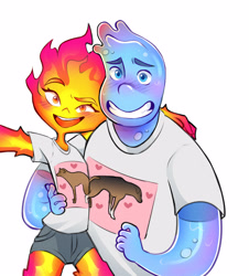 Size: 2894x3202 | Tagged: suggestive, artist:saidydraws, canine, dog, elemental creature, fictional species, fire elemental, mammal, water elemental, feral, humanoid, disney, pixar, 2023, blushing, bottomwear, clothes, dreamworks face, duo, duo male and female, elemental (pixar), ember lumen (elemental), female, grin, heart, male, male/female, selfie, shirt, shorts, side hug, simple background, smiling, t-shirt, topwear, white background