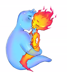 Size: 1905x2155 | Tagged: suggestive, artist:saidydraws, elemental creature, fictional species, fire elemental, water elemental, humanoid, disney, pixar, 2023, duo, duo male and female, elemental (pixar), ember lumen (elemental), eyes closed, female, french kiss, hug, male, male/female, nudity, simple background, wade ripple (elemental), white background