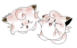 Size: 707x446 | Tagged: safe, artist:artsy-theo, clefairy, fictional species, mammal, feral, nintendo, pokémon, 2d, ambiguous gender, ambiguous only, duo, duo ambiguous, generation 1 pokemon, on model, open mouth, open smile, signature, simple background, smiling, white background