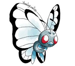 Size: 555x496 | Tagged: safe, artist:artsy-theo, arthropod, butterfree, fictional species, insect, feral, nintendo, pokémon, 2d, flying, lepidopteran, male, on model, signature, simple background, solo, solo male, white background