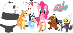 Size: 1316x607 | Tagged: safe, artist:porygon2z, bingo heeler (bluey), bluey heeler (bluey), daggett doofus beaver (the angry beavers), king (the owl house), pinkie pie (mlp), swiper (dora the explorer), zazu (the lion king), australian cattle dog, bear, beaver, bird, canine, dog, earth pony, equine, fictional species, fox, hornbill, mammal, panda, pony, porygon, procyonid, raccoon, red fox, rodent, feral, semi-anthro, bluey (series), disney, dora the explorer, friendship is magic, hasbro, my little pony, nick jr., nickelodeon, nintendo, pokémon, the angry beavers, the lion king, the owl house, 2d, bone, broken horn, collar, crossover, female, flying, group, handstand, horn, horns, large group, male, mare, on model, open mouth, open smile, panda (we bare bears), pb&j otter, puppy, scootch raccoon (pb&j otter), siblings, simple background, sister, sisters, skull, smiling, standing, titan, transparent background, ungulate, young