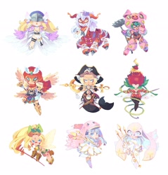 Size: 2828x2952 | Tagged: safe, artist:roccoco-co, angewomon, fictional species, mermaimon, rosemon, sistermon blanc, sistermon blanc (awake), humanoid, bandai namco, digimon, 2020, arukenimon, bottomwear, chibi, cho-hakkaimon, clothes, darcmon, dress, hat, headwear, simple background, smiling, tinkermon, trident, white background