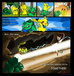 Size: 885x903 | Tagged: safe, artist:nyausi, bulbasaur, butterfree, caterpie, deoxys, fictional species, legendary pokémon, mammal, mythical pokémon, pikachu, feral, nintendo, pokémon, pokémon mystery dungeon, 2006, cave, comic, duo, fighting, forest, friendship, grass, happy, meeting, outdoors, plant, pokémon mystery dungeon: rescue team, sky, sleeping, starter pokémon, team, teamwork, text, tree, waking up, wholesome