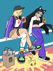 Size: 1512x2048 | Tagged: safe, artist:mas_square, angewomon, fictional species, nyaromon, sistermon noir, feral, humanoid, bandai namco, digimon, 2023, alternate outfit, bag, bottomwear, cap, clothes, container, drinking, female, hat, headphones, headwear, melting, pants, shorts, sitting, slushy, smiling, starbucks, wingding eyes