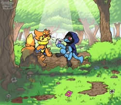 Size: 1280x1109 | Tagged: safe, artist:blizzate, oc, oc:lucas, oc:riskz, buizel, butterfree, fictional species, mammal, riolu, nintendo, pokémon, pokémon mystery dungeon, 2019, duo, forest, hood