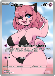 Size: 745x1040 | Tagged: suggestive, alternate version, artist:i_am_kat95, clefairy, fictional species, anthro, nintendo, pokémon, 2024, belly button, big breasts, bikini, breasts, cleavage, clothes, detailed background, digital art, ears, eyelashes, female, fur, hair, looking at you, one eye closed, open mouth, slightly chubby, solo, solo female, swimsuit, tail, thighs, tongue, wide hips