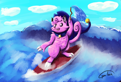 Size: 3600x2460 | Tagged: safe, artist:gyrotech, clefairy, fictional species, feral, nintendo, pokémon, clothes, hat, headwear, magic, solo, surfing