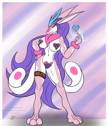 Size: 1714x2000 | Tagged: suggestive, artist:snowfyre, oc, oc only, fictional species, hybrid, legendary pokémon, lovander, suicune, anthro, digitigrade anthro, nintendo, palworld, pokémon, 2024, belly button, breasts, cameltoe, digital art, ears, eyelashes, female, hair, maebari, pasties, simple background, solo, solo female, tail, thighs, wide hips