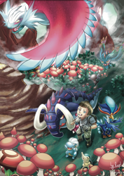 Size: 3508x4961 | Tagged: safe, artist:zorodash, bagon, cyndaquil, fictional species, great tusk, human, mammal, quaquaval, roaring moon, feral, nintendo, pokémon, spoiler:pokémon gen 9, spoiler:pokémon scarlet and violet, 2023, cave, clothes, flutter mane, gloves, looking up, male, mushroom, outdoors, paradox pokémon, past pokémon, signature, smiling, starter pokémon