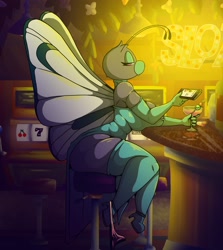 Size: 1995x2236 | Tagged: suggestive, artist:reptilianknight, butterfree, fictional species, anthro, nintendo, pokémon, 2024, bedroom eyes, bottomwear, breasts, butt, clothes, digital art, dress, ears, eyelashes, female, hair, huge breasts, looking at you, scales, side view, sideboob, solo, solo female, tail, thighs, wide hips, wings