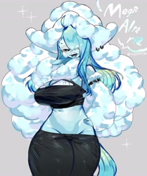 Size: 3423x4096 | Tagged: safe, artist:toge77789, altaria, fictional species, mega altaria, mega pokémon, anthro, nintendo, pokémon, 2023, anthrofied, belly button, bottomwear, breasts, cleavage, clothes, crop top, digital art, ears, eyelashes, female, fur, hair, looking at you, pants, simple background, solo, solo female, tail, thighs, topwear, white background, wide hips