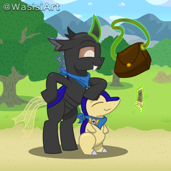 Size: 4500x4500 | Tagged: safe, artist:alejandrogmj, artist:wasisiart, oc, oc only, oc:wasisi, arthropod, changeling, cyndaquil, equine, fictional species, friendship is magic, hasbro, my little pony, nintendo, pokémon, pokémon mystery dungeon, bag, clothes, container, duality, duo, glowing, glowing horn, horn, magic, outdoors, paper, scarf, self paradox, starter pokémon