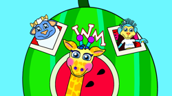 Size: 1194x669 | Tagged: safe, artist:gigglebellies, oc, oc:bah bah betty (gigglebellies), bovid, caprine, giraffe, mammal, monkey, primate, sheep, watermelon house