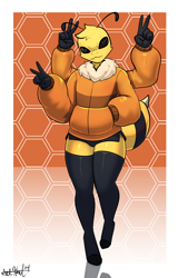 Size: 1378x2039 | Tagged: safe, artist:bear213, oc, oc only, arthropod, bee, insect, anthro, 2025, artheart213, bottomwear, character design, clothes, commission, digital art, femboy, fur, hi rez, honeycomb, hoodie, legwear, male, multiple arms, multiple limbs, short shorts, shorts, solo, solo male, stinger, stockings, topwear, yellow body, yellow fur