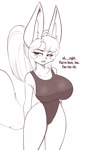 Size: 1191x1800 | Tagged: suggestive, artist:scorpdk, oc, oc only, oc:telethia, canine, fennec fox, fox, mammal, anthro, 2025, breasts, clothes, digital art, ears, eyelashes, female, fur, hair, huge breasts, monochrome, one-piece swimsuit, simple background, solo, solo female, swimsuit, tail, thighs, white background, wide hips