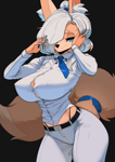 Size: 1150x1622 | Tagged: suggestive, artist:oughta, oc, oc only, oc:marie (oughta), canine, fox, mammal, anthro, 2021, bedroom eyes, big breasts, bottomwear, breasts, cleavage, clothes, digital art, ears, eyelashes, female, fur, hair, looking at you, nipple outline, pants, pose, shirt, simple background, solo, solo female, tail, thighs, topwear, vixen, wide hips