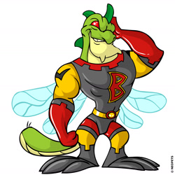 Size: 1666x1666 | Tagged: safe, official art, arthropod, fictional species, insect, anthro, neopets, belt, blank eyes, buzz (neopets), clothes, gloves, green body, grin, insect wings, male, muscles, muscular male, red eyes, sergeant brexis (neopets), simple background, smiling, solo, solo male, superhero, superhero costume, white background, wings