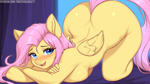 Size: 1600x900 | Tagged: suggestive, artist:twistedscarlett60, fluttershy (mlp), equine, fictional species, mammal, pegasus, pony, anthro, friendship is magic, hasbro, my little pony, 2025, bedroom eyes, big butt, blushing, breast squish, breasts, butt, detailed background, digital art, ears, eyelashes, face down ass up, feathered wings, feathers, female, fluff, fur, hair, looking at you, lying down, pose, presenting, shoulder fluff, solo, solo female, tail, thighs, wide hips, wings