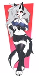 Size: 514x1000 | Tagged: safe, artist:aayuyabo, loona (vivzmind), canine, fictional species, hellhound, mammal, anthro, hazbin hotel, helluva boss, 2025, bottomwear, breast squish, breasts, choker, cleavage, clothes, colored sclera, ear piercing, eyebrow piercing, female, fingerless gloves, gloves, legwear, looking at you, open mouth, open smile, piercing, red sclera, short shorts, shorts, smiling, smiling at you, solo, solo female, spiked choker, thigh highs, tube top