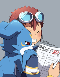 Size: 684x869 | Tagged: safe, artist:op7804620, fictional species, human, mammal, veemon, semi-anthro, digimon, 2020, bedroom eyes, daisuke motomiya (digimon), digital art, duo, duo male, ears, male, males only, scales, tail