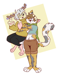 Size: 3237x3948 | Tagged: safe, artist:lawrencelux, calico, cat, feline, fictional species, jackalope, lagomorph, mammal, blue shirt, bottomwear, brown hair, brown shorts, cat ears, cat tail, clothes, couple, crop top, cropped shirt, femboy, glasses, green scarf, hair, hug, male, male/male, round glasses, scarf, short hair, shorts, sweater, topwear, x belly button, yellow sweater