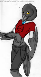 Size: 400x738 | Tagged: safe, artist:tyelle, bird, corvid, raven, songbird, black shorts, bottomwear, clothes, colored sclera, crop top, cropped shirt, highleg panties, male, midriff, panties, red shirt, shorts, simple background, solo, solo male, topwear, underwear, white background, yellow sclera