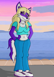 Size: 896x1280 | Tagged: safe, artist:steventherozothianfox, canine, fox, mammal, wolf, belly button, blonde hair, blue shirt, clothes, crop top, cropped shirt, female, fur, hair, hands in pockets, jeans, long hair, midriff, pants, purple body, purple fur, solo, solo female, topwear, wide hips