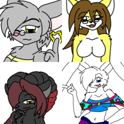 Size: 400x400 | Tagged: safe, artist:lapseph, lagomorph, mammal, rabbit, belly button, breasts, brown hair, bunny ears, clothes, crop top, featureless breasts, fur, glass, gray body, gray fur, hair, hair over one eye, long hair, midriff, simple background, topwear, transparent background, white body, white fur, yellow body, yellow fur