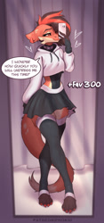 Size: 1312x2809 | Tagged: safe, artist:phluks, oc, oc:phoksi (phluks), furred kobold, kobold, anthro, bottomwear, cell phone, clothes, cropped hoodie, female, legwear, phone, selfie, skirt, solo, solo female, stockings, tail