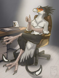 Size: 1144x1500 | Tagged: safe, artist:thebombird, bird, bird of prey, secretary bird, anthro, beak, chair, desk, feathers, male, sitting, solo, solo male, tail, tail feathers