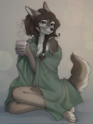 Size: 1535x2048 | Tagged: safe, artist:yshanii, canine, mammal, anthro, blanket, coffee mug, female, mug, sitting, solo, solo female, tail