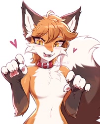 Size: 1015x1252 | Tagged: safe, artist:3rdperson_iz, canine, fox, mammal, anthro, breasts, collar, featureless breasts, female, looking at you, smiling, smiling at you, solo, solo female, tongue, tongue out