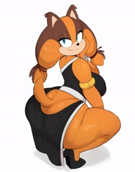 Size: 1636x2092 | Tagged: suggestive, artist:usnarbit, sticks the badger (sonic), badger, mammal, mustelid, anthro, sega, sonic boom (series), sonic the hedgehog (series), armlet, bedroom eyes, big breasts, big butt, bottomwear, breasts, butt, clothes, crouching, dress, female, high heels, looking at you, looking back, looking back at you, shoes, side slit, smiling, smiling at you, solo, solo female, total sideslit