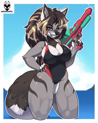 Size: 2000x2500 | Tagged: suggestive, artist:rondonitec, canine, mammal, wolf, anthro, bedroom eyes, big breasts, breasts, cleavage, clothes, female, looking at you, one-piece swimsuit, outdoors, partially submerged, smiling, smiling at you, solo, solo female, swimsuit, trigger discipline, water gun, wet