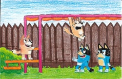 Size: 4146x2692 | Tagged: safe, artist:frudur, bandit heeler (bluey), bingo heeler (bluey), bluey heeler (bluey), chilli heeler (bluey), australian cattle dog, canine, dog, mammal, anthro, bluey (series), female, male, same height