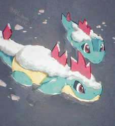 Size: 1080x1188 | Tagged: safe, artist:arc_draws, croconaw, fictional species, totodile, feral, nintendo, pokémon, 2023, ambiguous gender, ambiguous only, behaving like a crocodile, detailed background, digital art, duo, duo ambiguous, lake, scales, snow, starter pokémon, swimming, tail, water