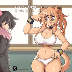 Size: 2126x2126 | Tagged: suggestive, artist:lucyfercomic, bat, cat, feline, mammal, anthro, humanoid, big breasts, breasts, choker, clothes, dialogue, duo, duo male and female, female, flexing, gritted teeth, legwear, male, midriff, smiling, speech bubble, sports bra, sports panties, talking, teeth, thigh highs, topwear, wristband