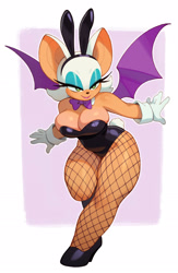 Size: 1500x2298 | Tagged: suggestive, artist:rizdraws, rouge the bat (sonic), bat, mammal, anthro, sega, sonic the hedgehog (series), bedroom eyes, big breasts, bow, bow tie, breasts, bunny suit, cleavage, clothes, eyeshadow, fake ears, female, fishnet, fishnet stockings, gloves, high heels, legwear, looking at you, makeup, rabbit ears, see-through, shoes, smiling, smiling at you, solo, solo female, stockings