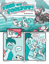 Size: 1225x1575 | Tagged: safe, artist:braeburned, oc, oc:bondi (braeburned), bird, kangaroo, living inflatable, macropod, mammal, marsupial, penguin, anthro, comic:pass the pooltoy!, 2023, comic, digital art, eyes closed, group, inflatable, male, pool, speech bubble, text, water