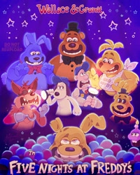 Size: 1400x1750 | Tagged: safe, artist:01_reihanehdraw, bonnie (fnaf), chica (fnaf), foxy (fnaf), freddy fazbear (fnaf), golden freddy (fnaf), gromit (wallace and gromit), springtrap (fnaf), wallace (wallace and gromit), animatronic, bear, bird, canine, chicken, dog, fictional species, fox, galliform, human, lagomorph, mammal, rabbit, robot, anthro, semi-anthro, aardman animations, five nights at freddy's, wallace and gromit, bib, bow, bow tie, clothes, crossover, eyepatch, female, flashlight, group, hat, headwear, hook, male, top hat