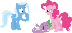 Size: 826x388 | Tagged: safe, artist:porygon2z, pinkie pie (mlp), spike (mlp), trixie (mlp), dragon, earth pony, equine, fictional species, mammal, pony, unicorn, western dragon, feral, semi-anthro, friendship is magic, hasbro, my little pony, 2d, butt, female, grin, lying down, male, mare, no mouth, on back, on model, open mouth, open smile, pointing, simple background, smiling, transparent background, ungulate, young