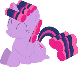 Size: 966x827 | Tagged: safe, artist:porygon2z, twilight sparkle (mlp), equine, fictional species, mammal, pony, unicorn, feral, friendship is magic, hasbro, my little pony, 2d, curlers, eyes closed, female, lying down, mare, on model, prone, smiling, solo, solo female, ungulate