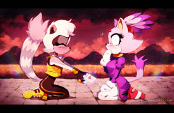 Size: 1112x719 | Tagged: safe, artist:walliscolours, blaze the cat (sonic), tangle the lemur (sonic), cat, feline, fictional species, lemur, mammal, mobian, primate, ring-tailed lemur, strepsirrhine, idw, idw sonic the hedgehog, sega, sonic the hedgehog (series), 2d, black nose, blazangle (sonic), blushing, clothes, duo, duo female, envelope, eyelashes, eyes closed, female, female/female, females only, fluff, footwear, fur, hand on mouth, head fluff, kneeling, letter, letterboxing, multicolored body, multicolored fur, outdoors, purple body, purple fur, shipping, shoes, signature, tail, tail fluff, two toned body, two toned fur, yellow eyes