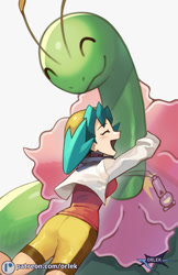 Size: 582x900 | Tagged: safe, artist:orlek, fictional species, human, mammal, meganium, primate, nintendo, pokémon, 2025, 2d, digital art, duo, female, hug, simple background, starter pokémon, white background