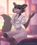 Size: 728x890 | Tagged: safe, artist:imanika, juno (beastars), canine, mammal, wolf, anthro, beastars, 2025, bottomwear, breasts, cheek fluff, clothes, detailed background, digital art, ears, eyelashes, female, fluff, fur, shirt, skirt, solo, solo female, tail, thighs, topwear, wide hips