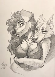 Size: 922x1280 | Tagged: safe, artist:meza0411, canine, dog, mammal, anthro, absolute cleavage, arm under breasts, bedroom eyes, big breasts, breasts, cleavage, duo, female, hair, long hair, looking at each other, male