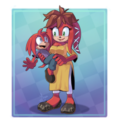 Size: 2688x2852 | Tagged: safe, artist:angiethecat, echidna, mammal, monotreme, duo, duo male and female, female, kneecaps the echidna (sonic), lara-le the echidna (sonic), male, mother, mother and child, mother and son, redesign, son