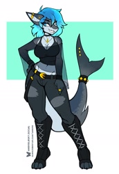 Size: 1050x1530 | Tagged: safe, artist:ambris, oc, oc:erika (ambris), fish, shark, anthro, big breasts, boots, breasts, choker, cleavage, clothes, crop top, ear piercing, female, fins, fish tail, footwear, industrial piercing, jeans, jewelry, lidded eyes, looking at you, midriff, necklace, open toe footwear, pants, piercing, ring, shark tail, sharp teeth, shoes, smiling, smiling at you, solo, solo female, tail, teeth, topwear