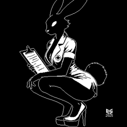 Size: 1024x1024 | Tagged: safe, artist:ezeeshady, lagomorph, mammal, rabbit, anthro, absolute cleavage, blank eyes, breasts, cleavage, clipboard, clothes, crouching, female, high heels, monochrome, nurse outfit, pixel art, shoes, solo, solo female